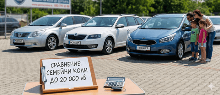 Семейни Коли до 20 000 лв с Евтина Поддръжка: Сравнение (Toyota, Skoda, Kia)